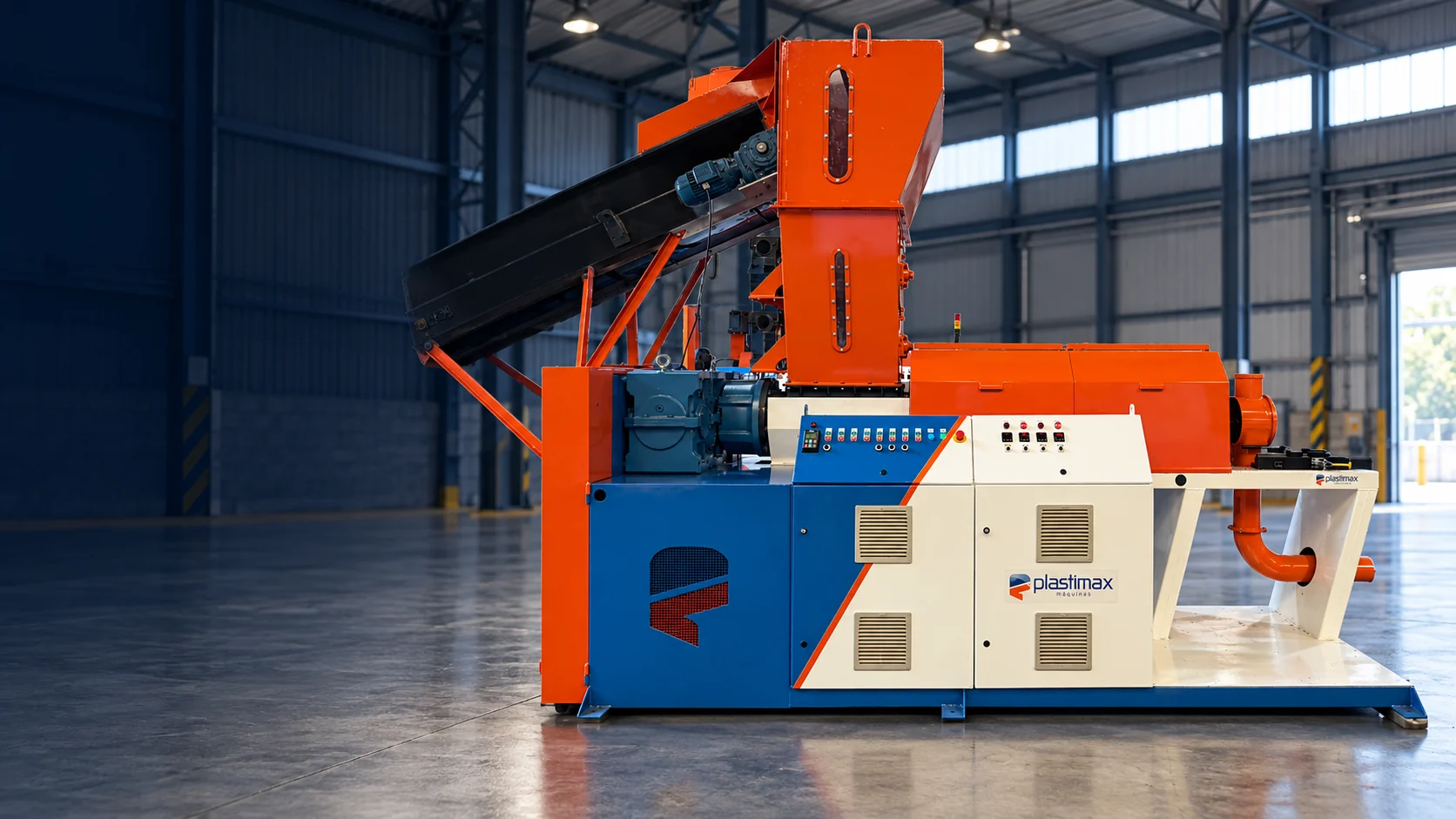 Squeezer Plastimax em ambiente industrial — ambientação ilustrativa gerada por IA