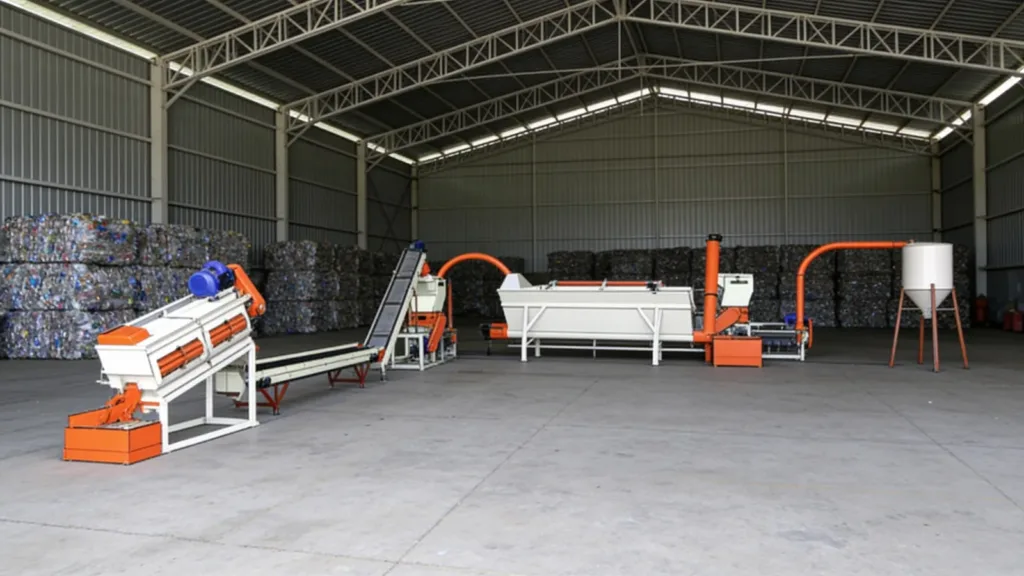Linha de moagem e lavagem de garrafas PET Plastimax instalada em galpão de reciclagem
