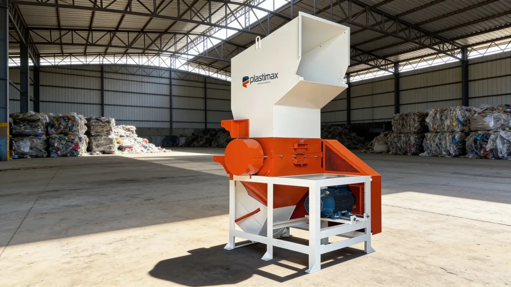 Moinho para plástico Plastimax na etapa de moagem de uma linha de reciclagem