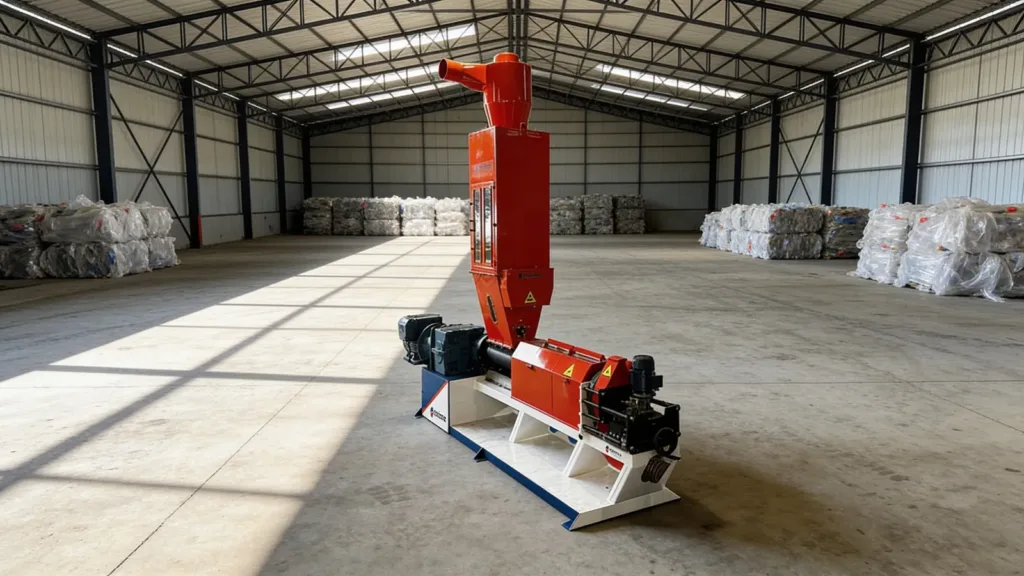 Pré-extrusora aglutinadora Plastimax PMSZ-250 alimentando a extrusora com PEBD úmido